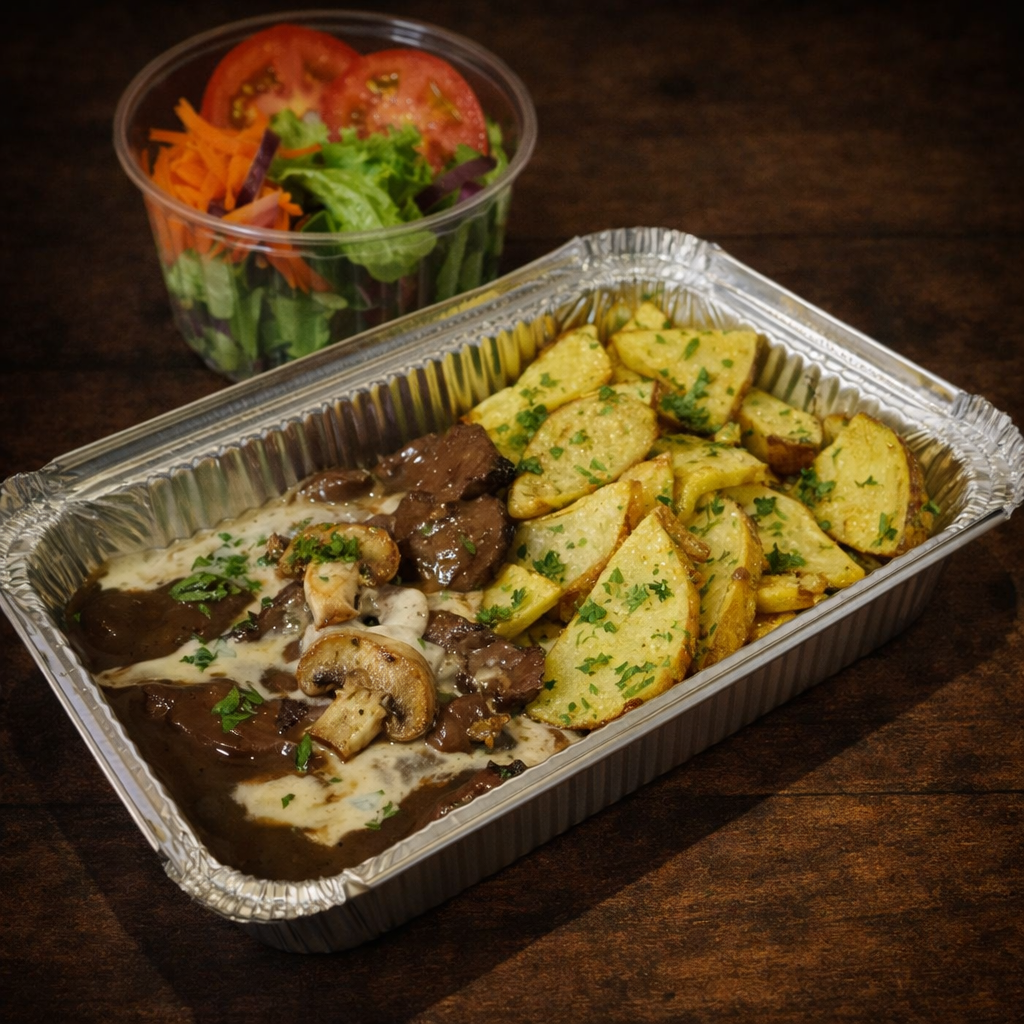 Plateada Champi&ntilde;&oacute;n con Papas R&uacute;sticas