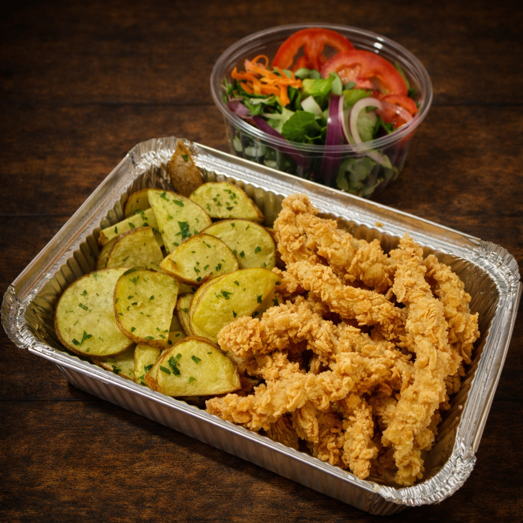 Pollo Crispy con Papas R&uacute;sticas